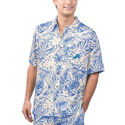 Chemise boutonnée de fête à imprimé Monstera lavé au sable des Detroit Lions Margaritaville Tan pour hommes