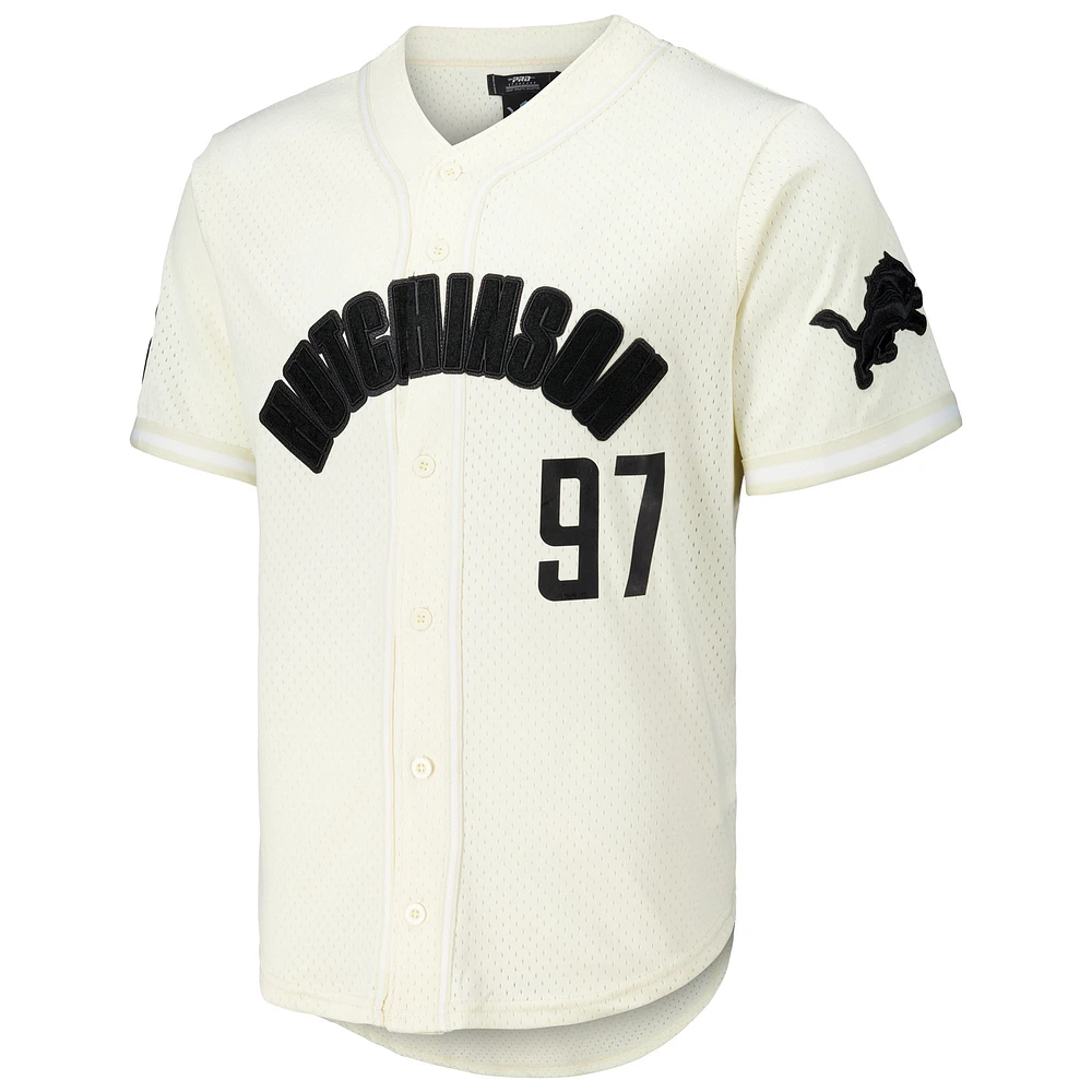 Maillot de baseball boutonné triple ton sur Pro Standard Aidan Hutchinson pour hommes, crème, Detroit Lions, nom et numéro