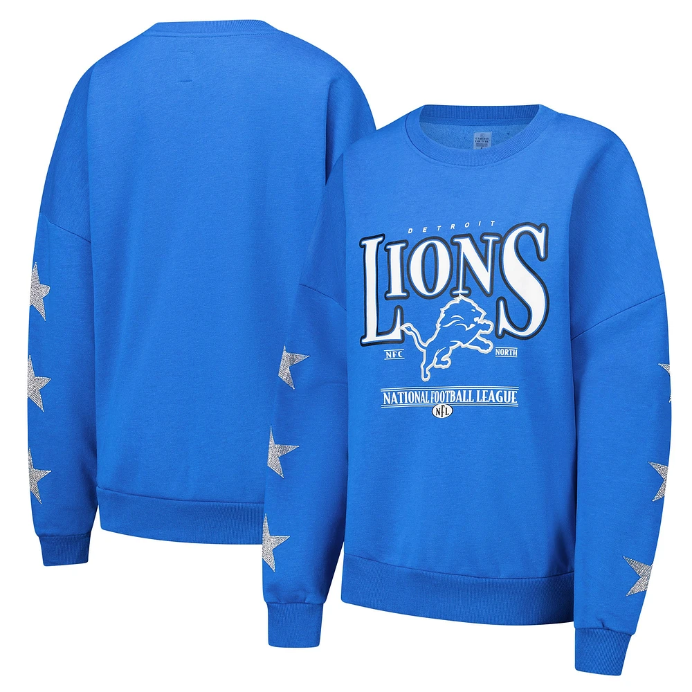 Sweat-shirt à manches longues et col rond bleu Detroit Lions imprimé étoile strass Gameday Couture pour femme