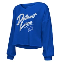 Women's Majestic Threads Amon-Ra St. Brown Blue Detroit Lions Name & Number Off-Shoulder Script Cropped Long Sleeve V-Neck T-Shirt