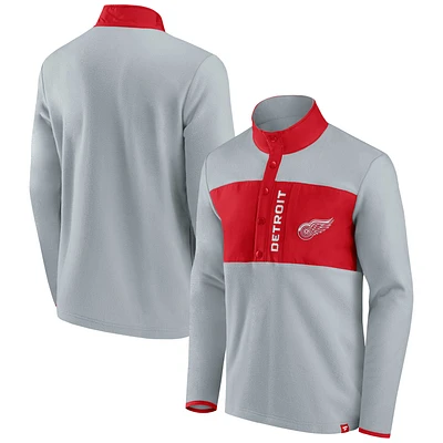 Veste de hockey en polaire à quart bouton-pression Fanatics pour hommes, gris/rouge, Detroit Red Wings