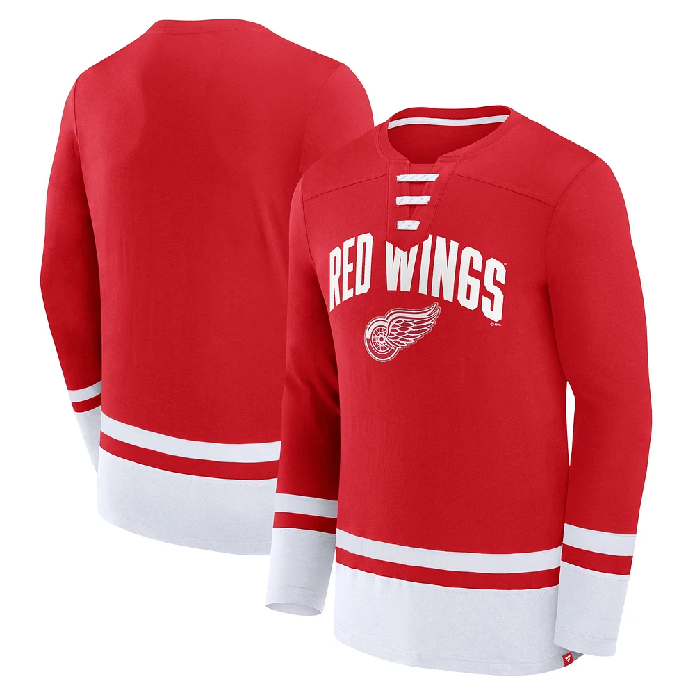 Men's Fanatics Red Detroit Wings Back Pass Lace-Up Long Sleeve T-Shirt