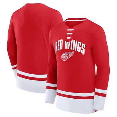 Men's Fanatics Red Detroit Wings Back Pass Lace-Up Long Sleeve T-Shirt