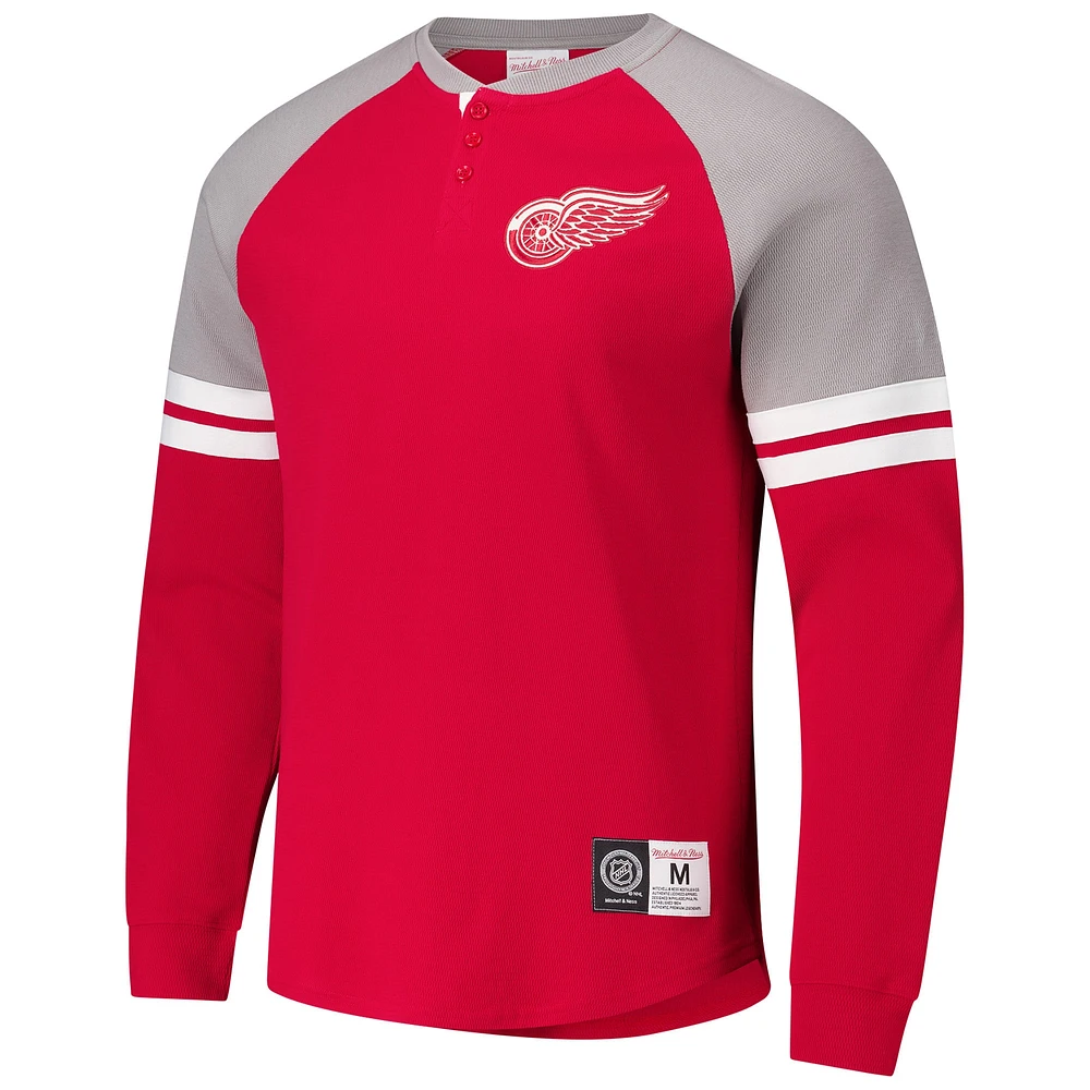Men's Mitchell & Ness  Red Detroit Wings Thermal Henley Long Sleeve T-Shirt