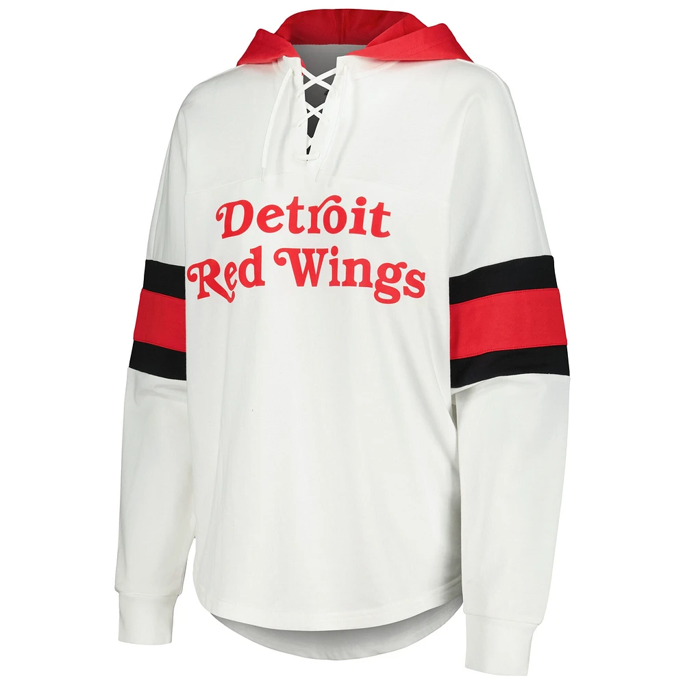 T-shirt à capuche manches longues et lacets G-III 4Her par Carl Banks pour femmes, blanc/rouge, Detroit Red Wings Goal Zone