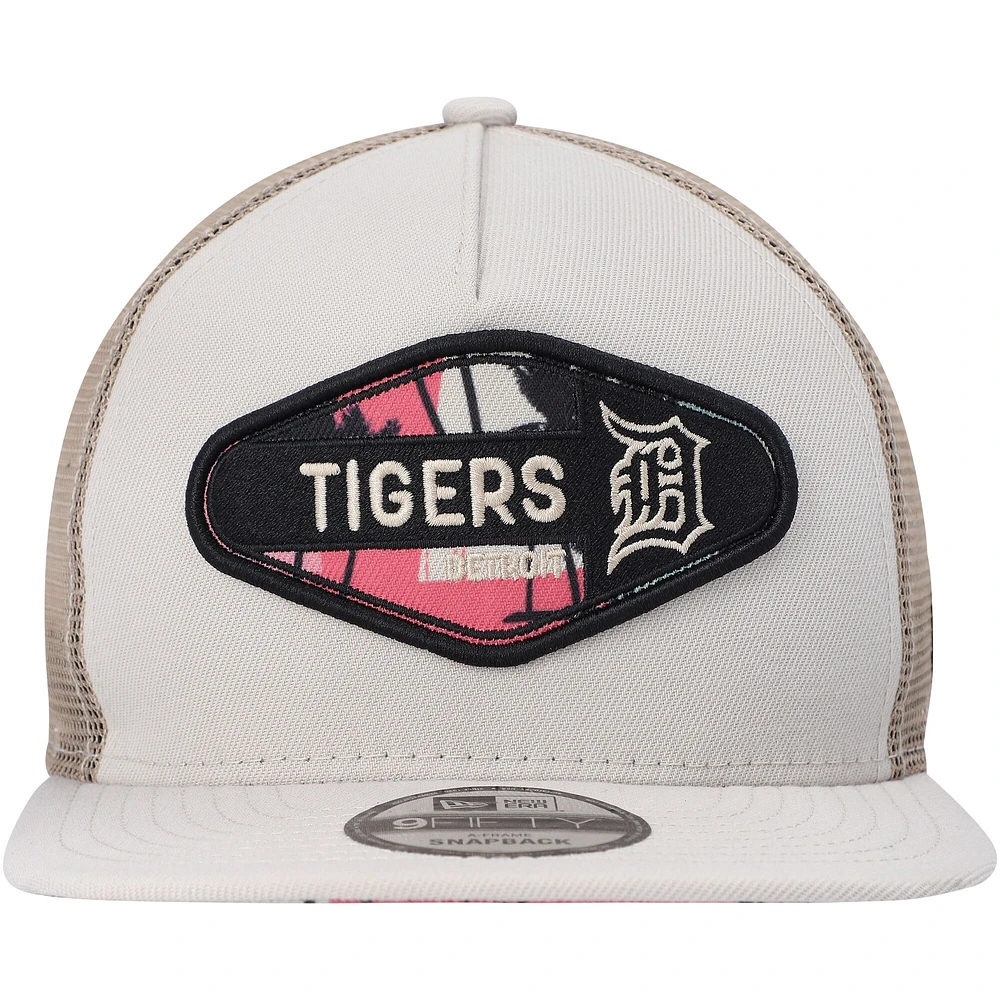Men's New Era Natural Detroit Tigers Retro Beachin' Patch A-Frame Trucker 9FIFTY Snapback Hat