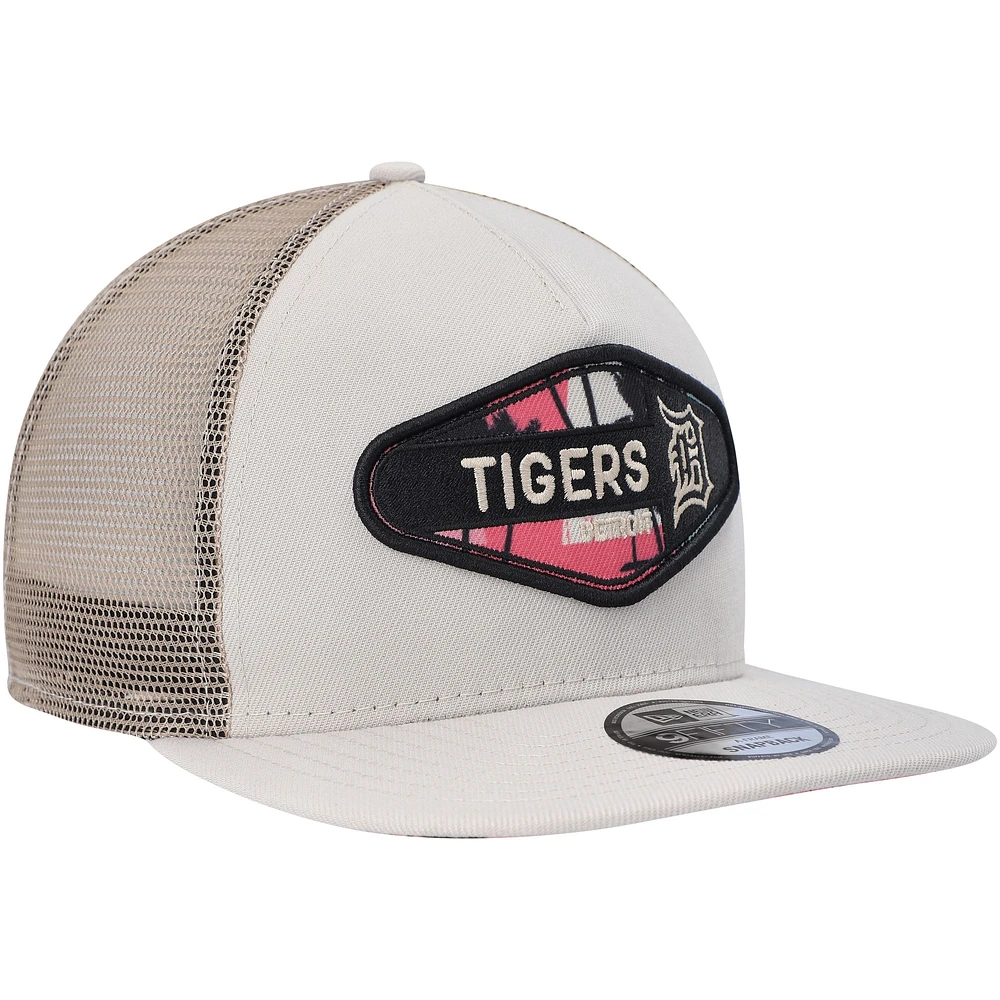 Men's New Era Natural Detroit Tigers Retro Beachin' Patch A-Frame Trucker 9FIFTY Snapback Hat