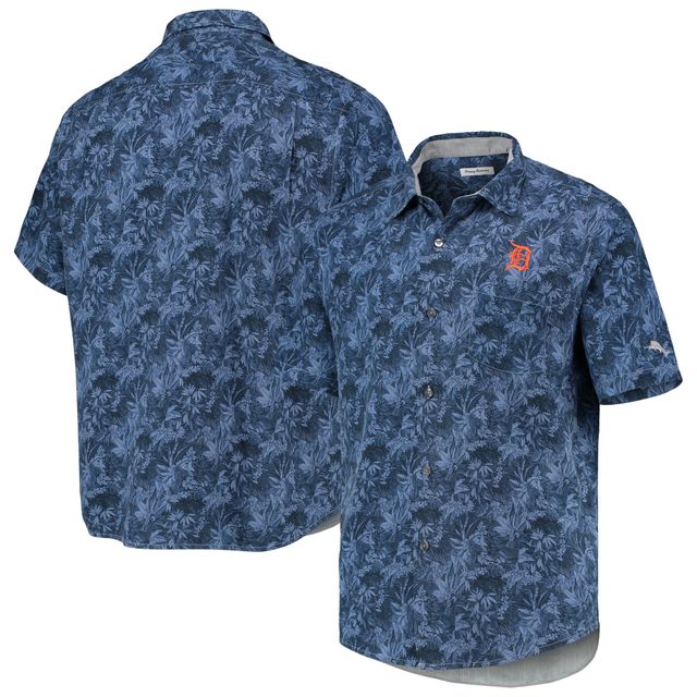 Chemise boutonnée Tommy Bahama Navy Detroit Tigers Jungle Shade Silk Camp pour homme