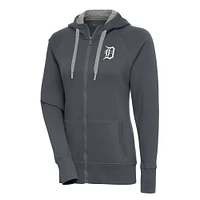 Women's Antigua  Charcoal Detroit Tigers Brushed Metallic Victory Full-Zip Hoodie