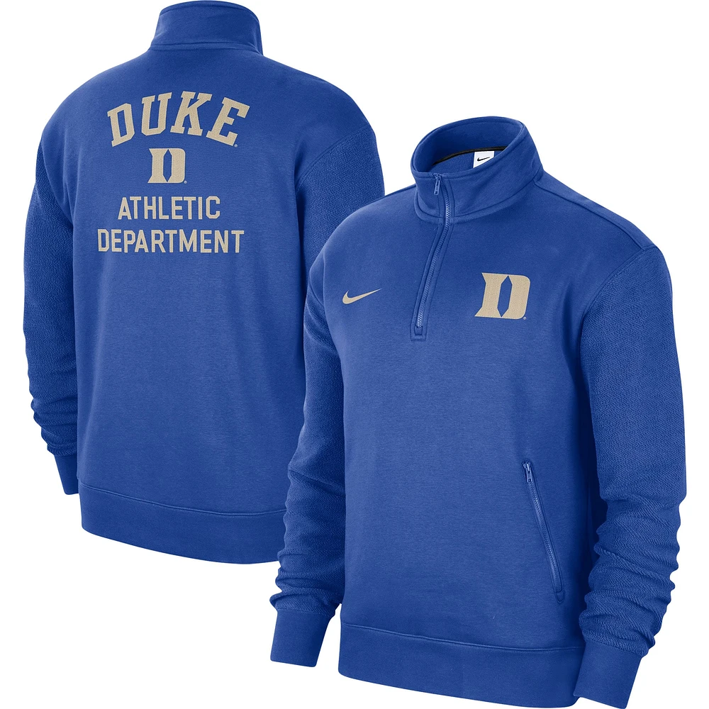 Sweat-shirt Nike Royal Duke Blue Devils Campus Athletic Department pour homme, zippé à quart de tour