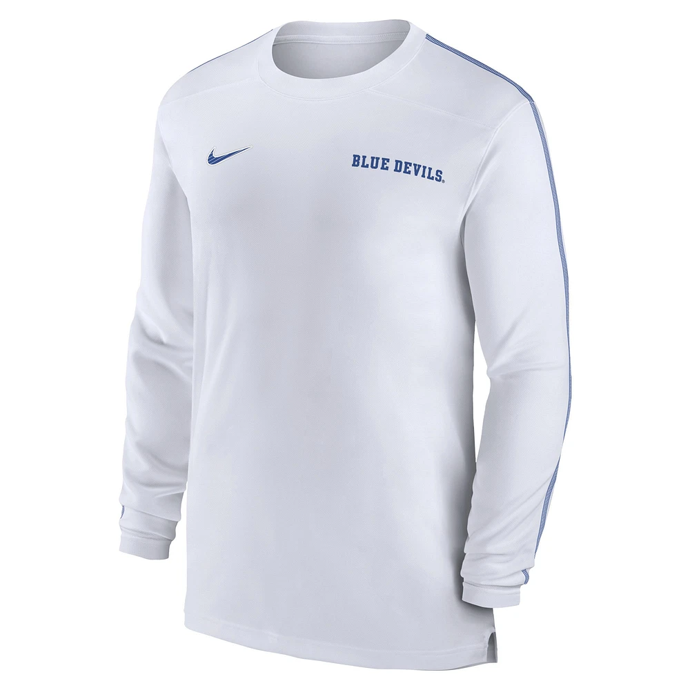 T-shirt à manches longues Nike White Duke Blue Devils 2024 Sideline Coach UV Performance pour homme