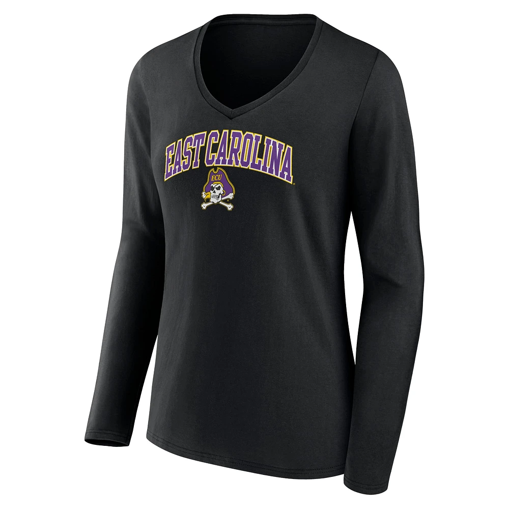 Women's Fanatics Black ECU Pirates Campus Long Sleeve V-Neck T-Shirt