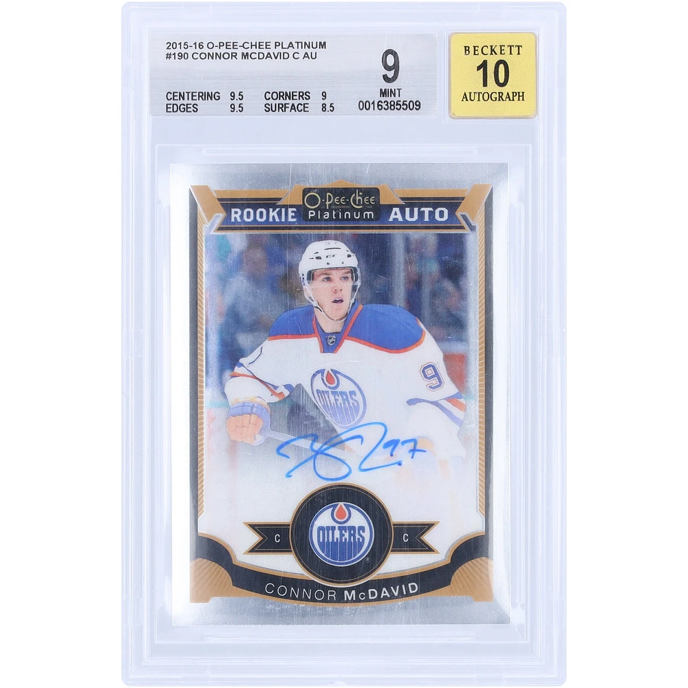 Connor McDavid Edmonton Oilers Autographed 2015-16 Upper Deck O-Pee-Chee Platinum #190 BGS Authenticated 9/10 Rookie Card - 9.5,9,9.5,8.5 Subgrades