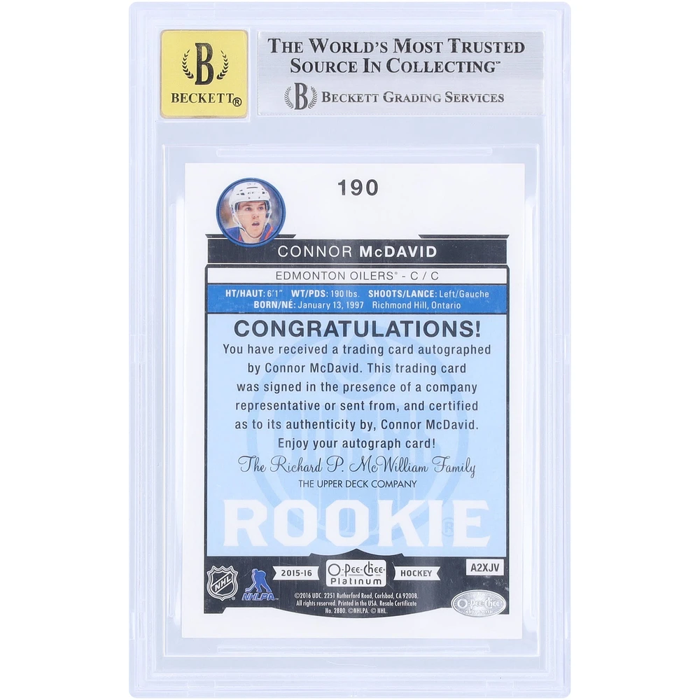 Connor McDavid Edmonton Oilers Autographed 2015-16 Upper Deck O-Pee-Chee Platinum #190 BGS Authenticated 9/10 Rookie Card - 9.5,9,9.5,8.5 Subgrades