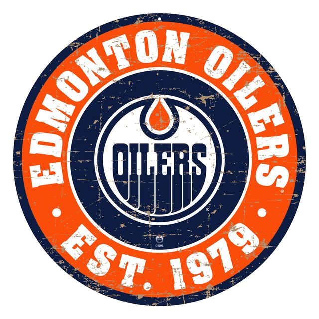 Oilers d'Edmonton - Enseigne murale ronde 12'' vieillie