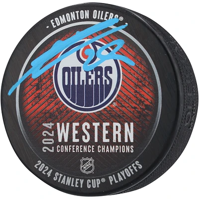 Rondelle de hockey autographiée par Leon Draisaitl, champions de la Conférence Ouest 2024 des Oilers d'Edmonton