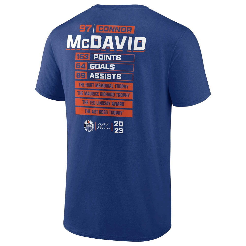 T-shirt bleu de la saison historique des Oilers d'Edmonton Fanatics Connor McDavid pour hommes