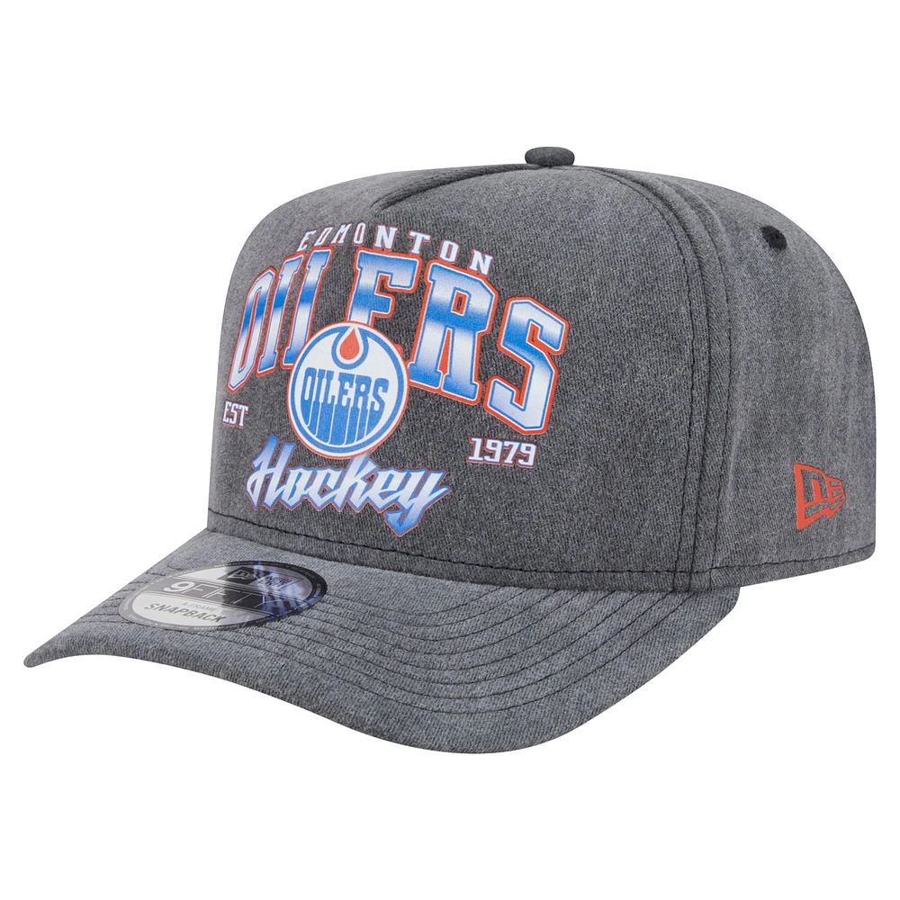 Men's New Era Charcoal Edmonton Oilers Throwback Washed A-Frame Pre-Curved 9FIFTY Snapback Hat