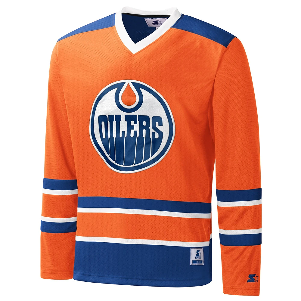 Men's Starter Orange Edmonton Oilers Cross-Check V-Neck - Long Sleeve T-Shirt