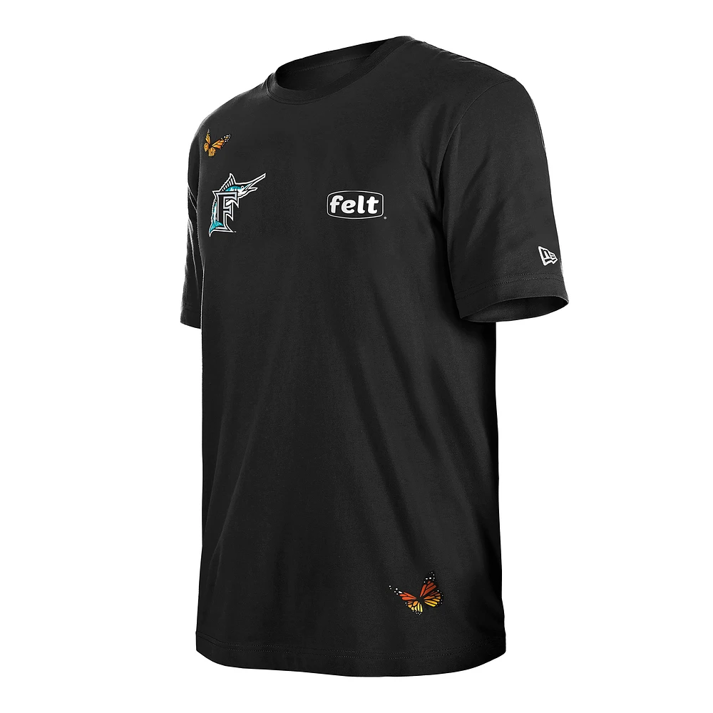 Men's New Era x Felt  Black Florida Marlins Cooperstown Collection T-Shirt