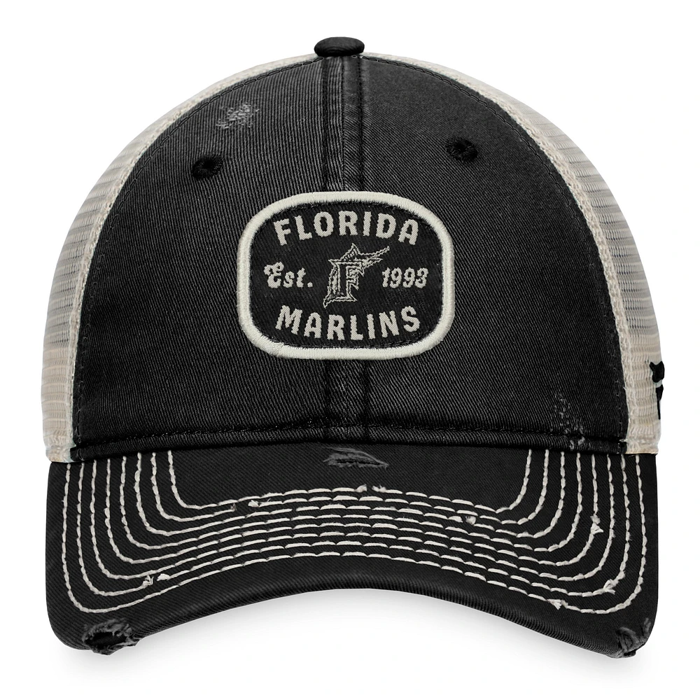 Men's Fanatics Black Florida Marlins Distressed Patch Trucker Adjustable Hat