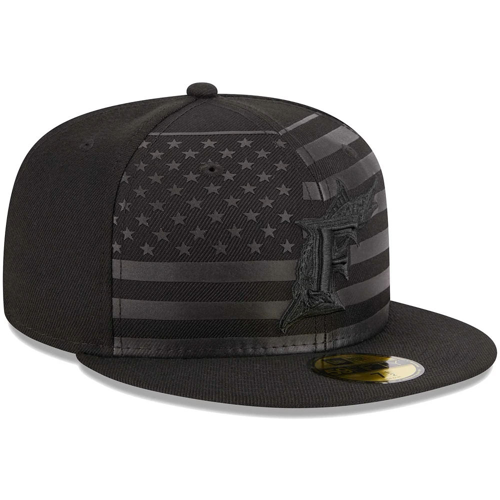 Men's New Era Black Florida Marlins Cooperstown Collection Tonal Flag 59FIFTY Fitted Hat