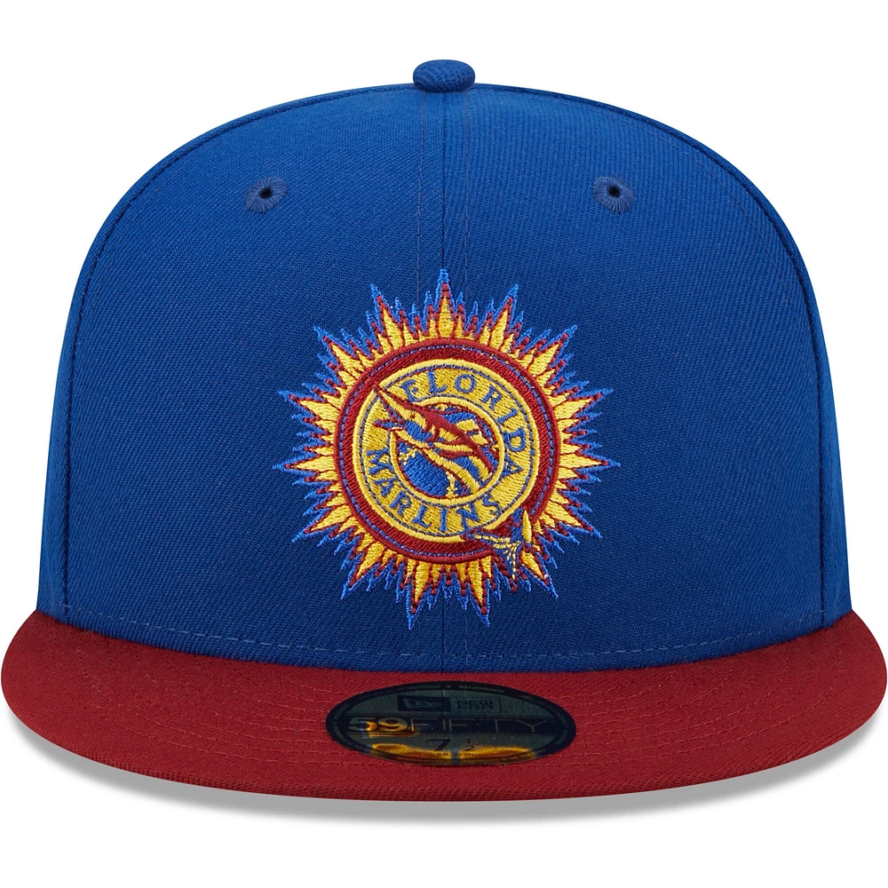Men's New Era Royal/Red Florida Marlins Alternate Throwback Logo Primary Jewel Gold Undervisor 59FIFTY Fitted Hat