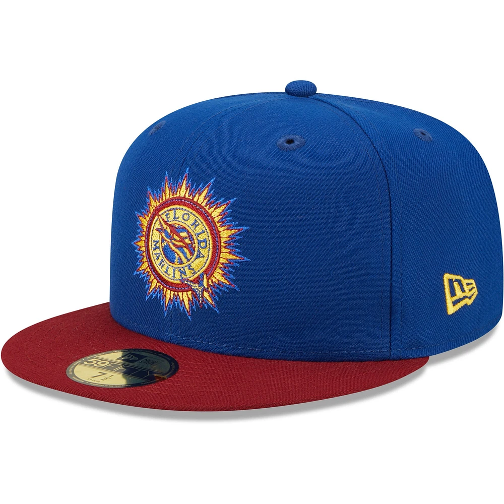 Men's New Era Royal/Red Florida Marlins Alternate Throwback Logo Primary Jewel Gold Undervisor 59FIFTY Fitted Hat