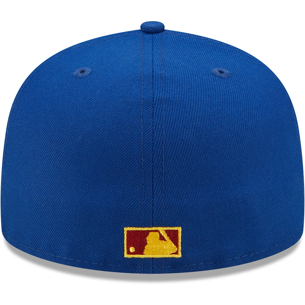Men's New Era Royal/Red Florida Marlins Alternate Throwback Logo Primary Jewel Gold Undervisor 59FIFTY Fitted Hat