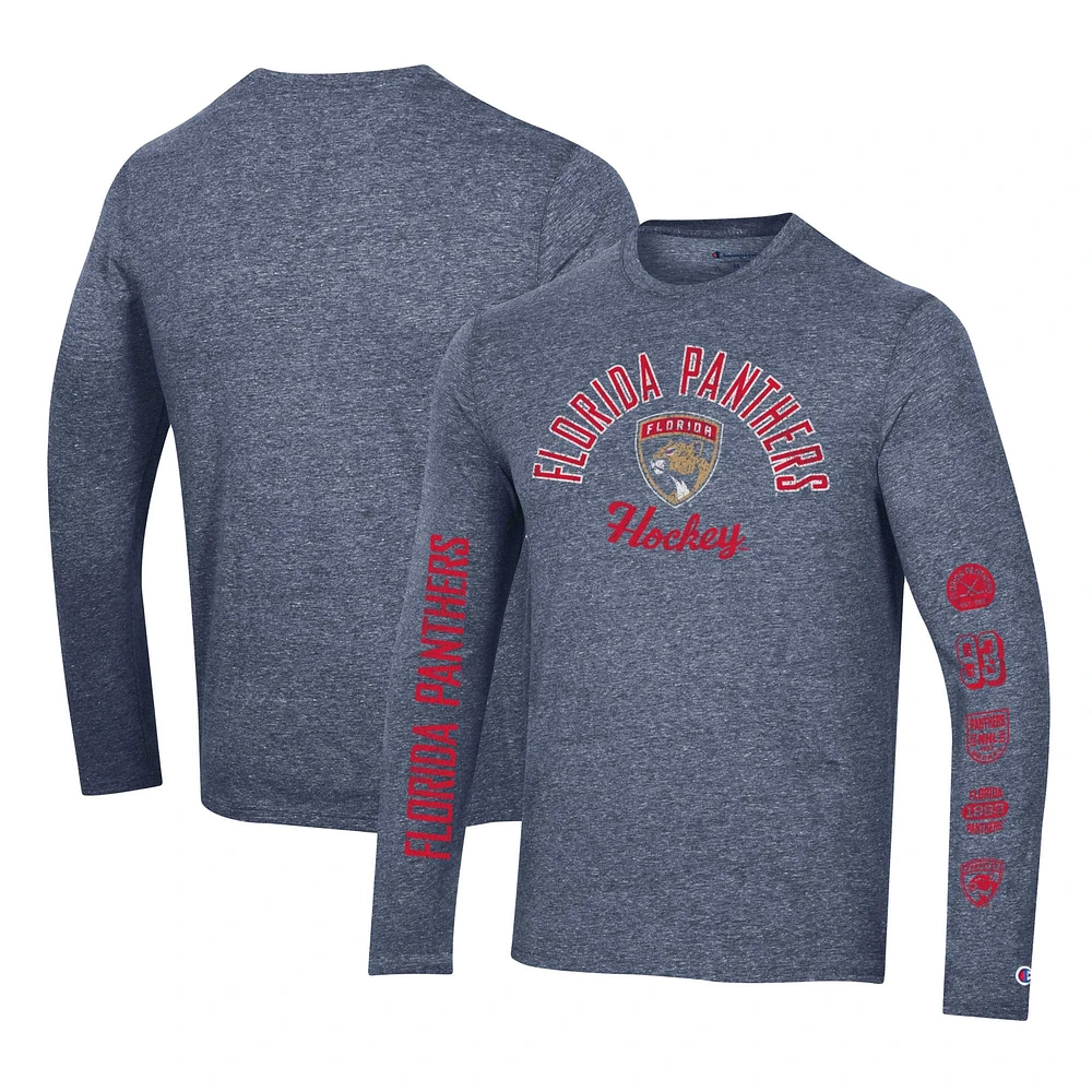 T-shirt à manches longues tri-mélange multi-logo Champion Heather Navy Florida Panthers pour hommes