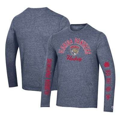 T-shirt à manches longues tri-mélange multi-logo Champion Heather Navy Florida Panthers pour hommes