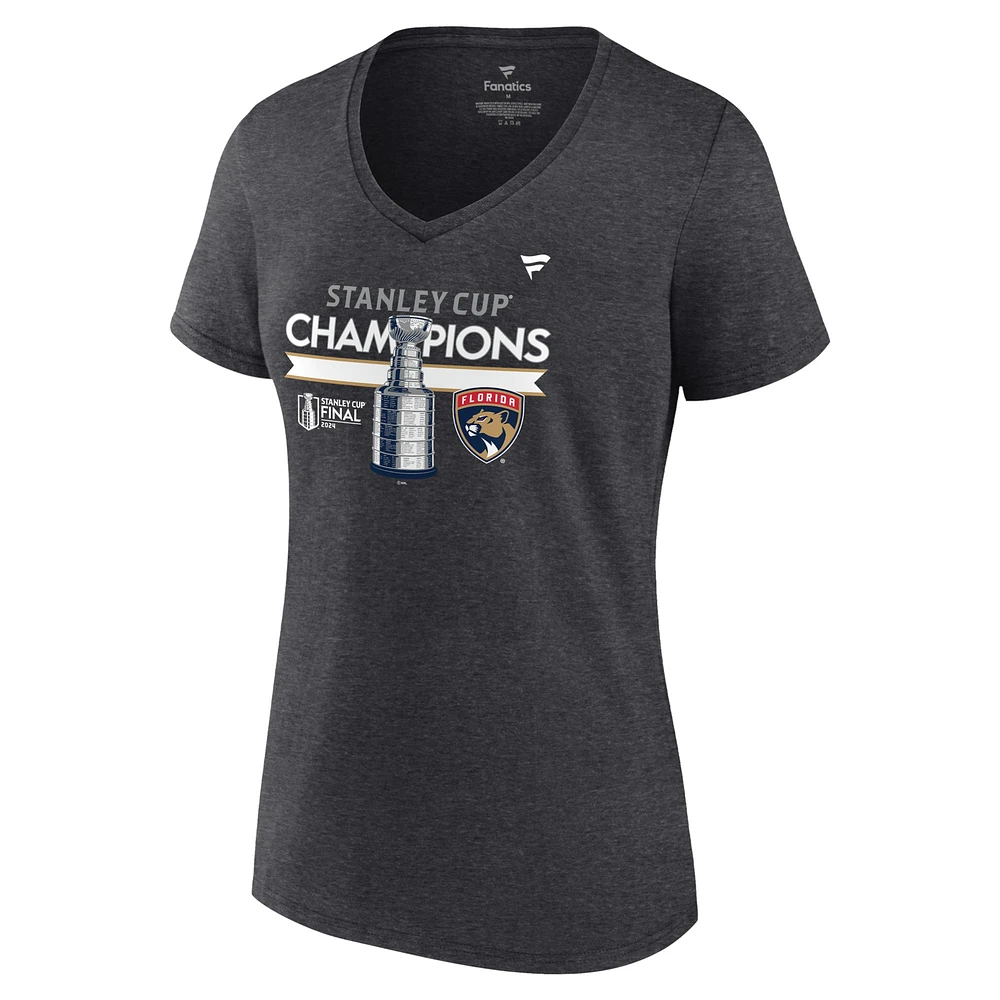 T-shirt à col en V Fanatics Heather Charcoal pour femmes des Panthers de la Floride 2024 Champions Coupe Stanley Locker Room