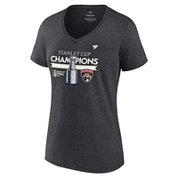 T-shirt à col en V Fanatics Heather Charcoal pour femmes des Panthers de la Floride 2024 Champions Coupe Stanley Locker Room