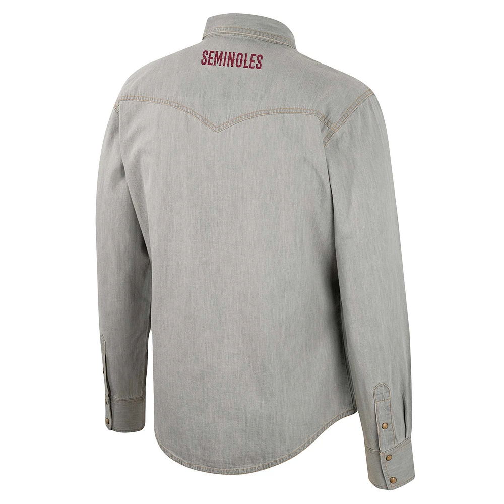 Men's Colosseum x Wrangler Gray Florida State Seminoles Cowboy Cut Western Full-Snap Long Sleeve Shirt