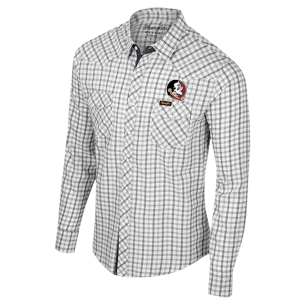 Men's Colosseum x Wrangler White Florida State Seminoles Plaid Window Pane Long Sleeve Full-Snap Shirt