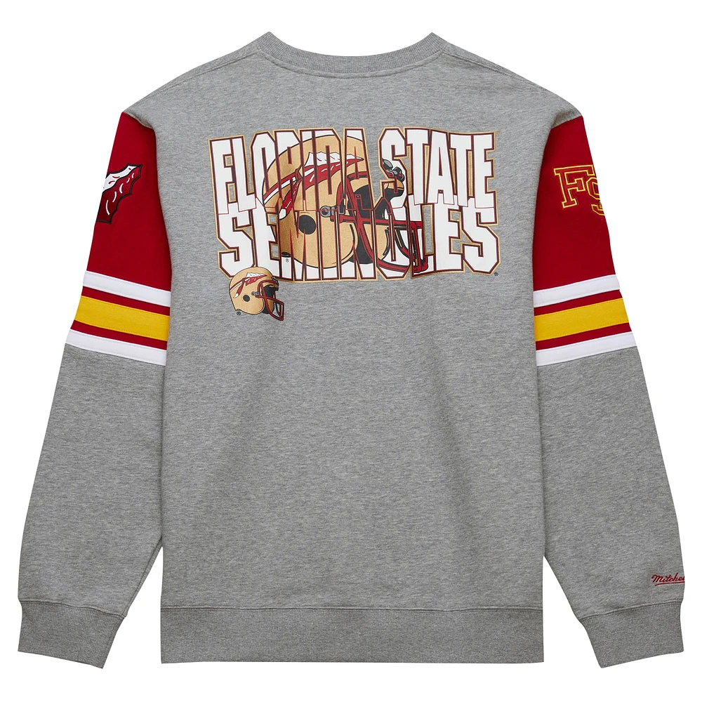 Men's Mitchell & Ness Heather Gray Florida State Seminoles Throwback Allover 4.0 Pullover Sweatshirt
