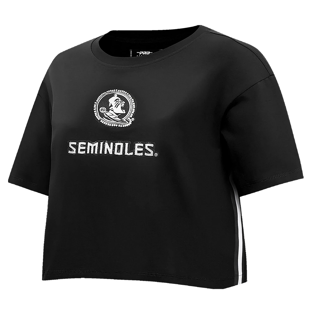 T-shirt court en forme de boîte Pro Standard noir pour femme Florida State Seminoles avec strass et perles