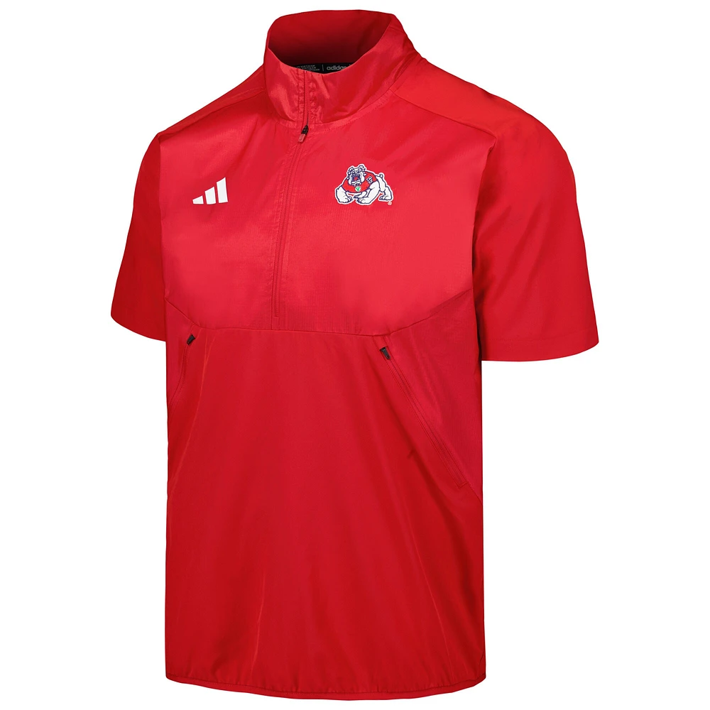 Veste adidas rouge Fresno State Bulldogs Sideline AEROREADY Raglan à manches courtes et quart de zip pour hommes