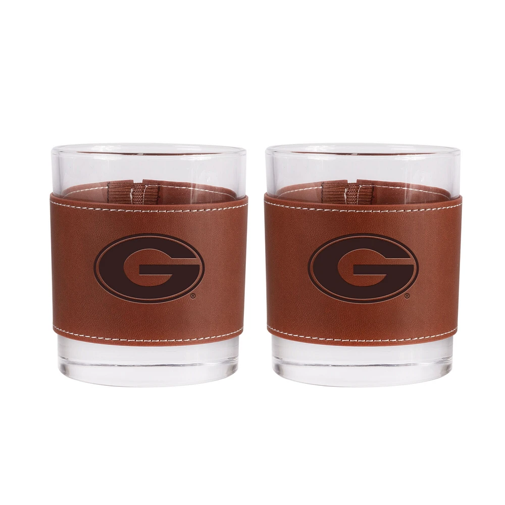 Lot de 2 verres à whisky Georgia Bulldogs de 12 oz avec emballage en cuir
