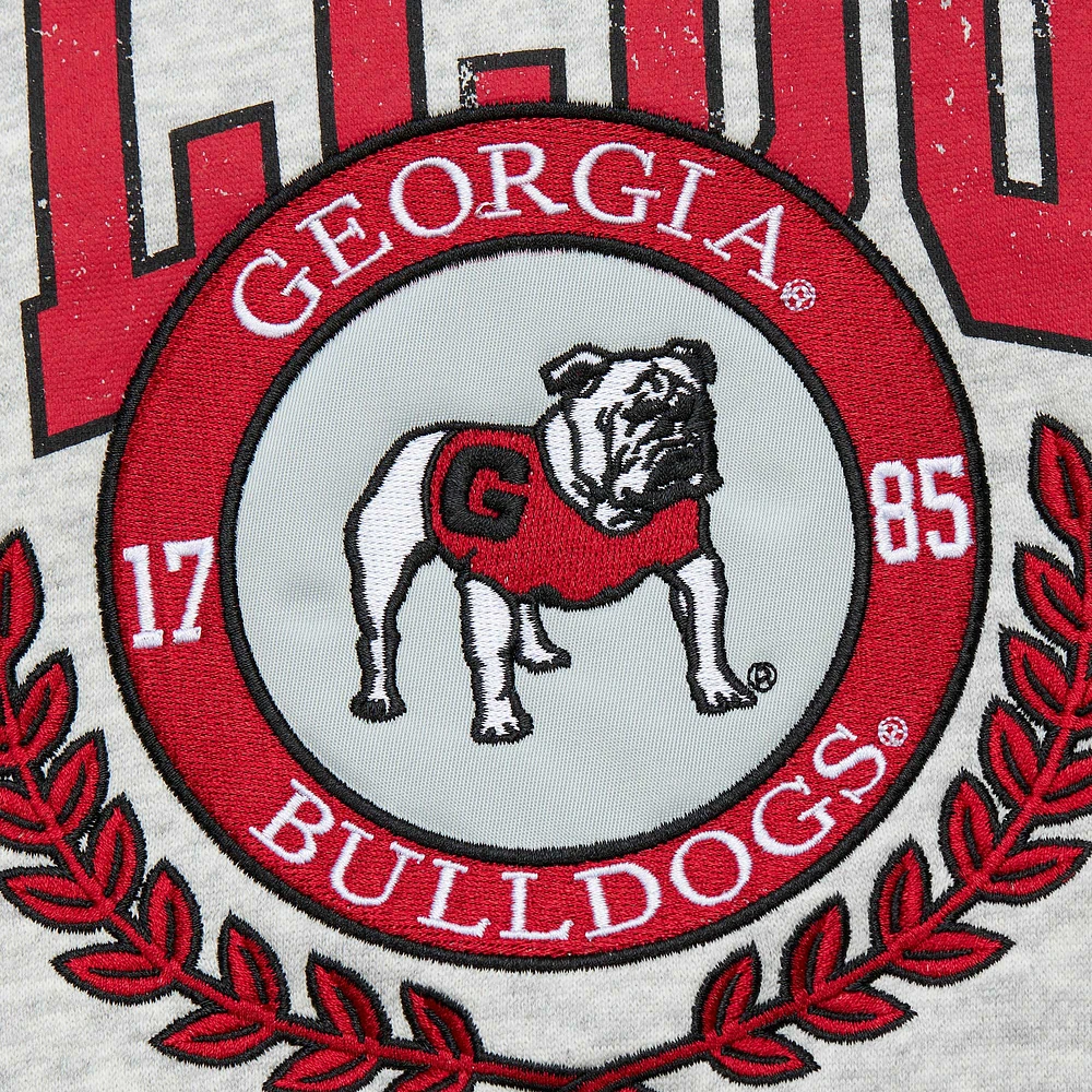 Men's Mitchell & Ness Heather Gray Georgia Bulldogs Arched Fleece Crewneck Pullover Sweatshirt