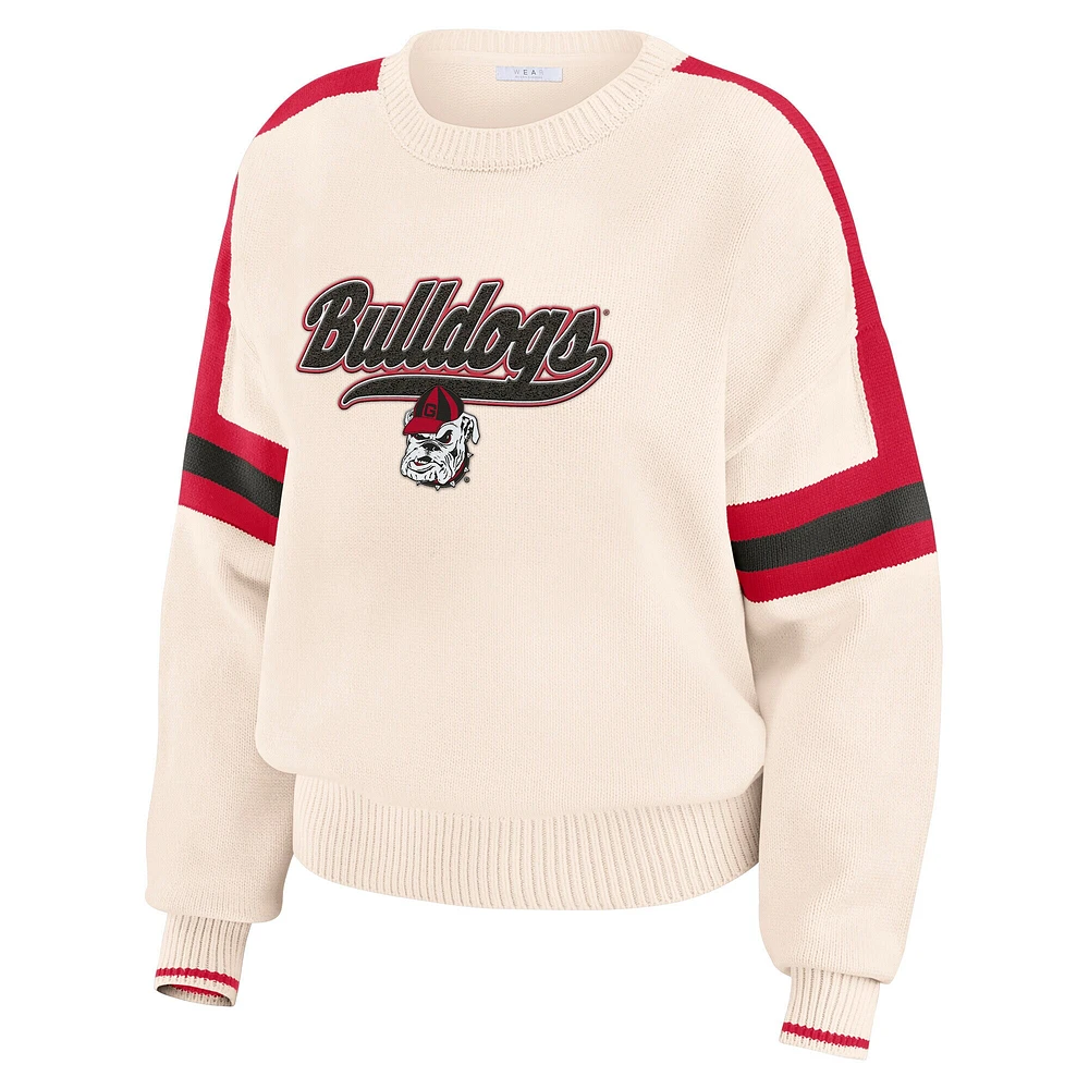 Women's WEAR by Erin Andrews  Cream Georgia Bulldogs Chenille Woven Patch Stripe Pullover Sweater