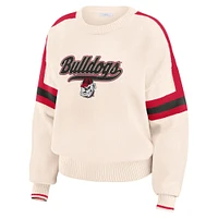 Women's WEAR by Erin Andrews  Cream Georgia Bulldogs Chenille Woven Patch Stripe Pullover Sweater