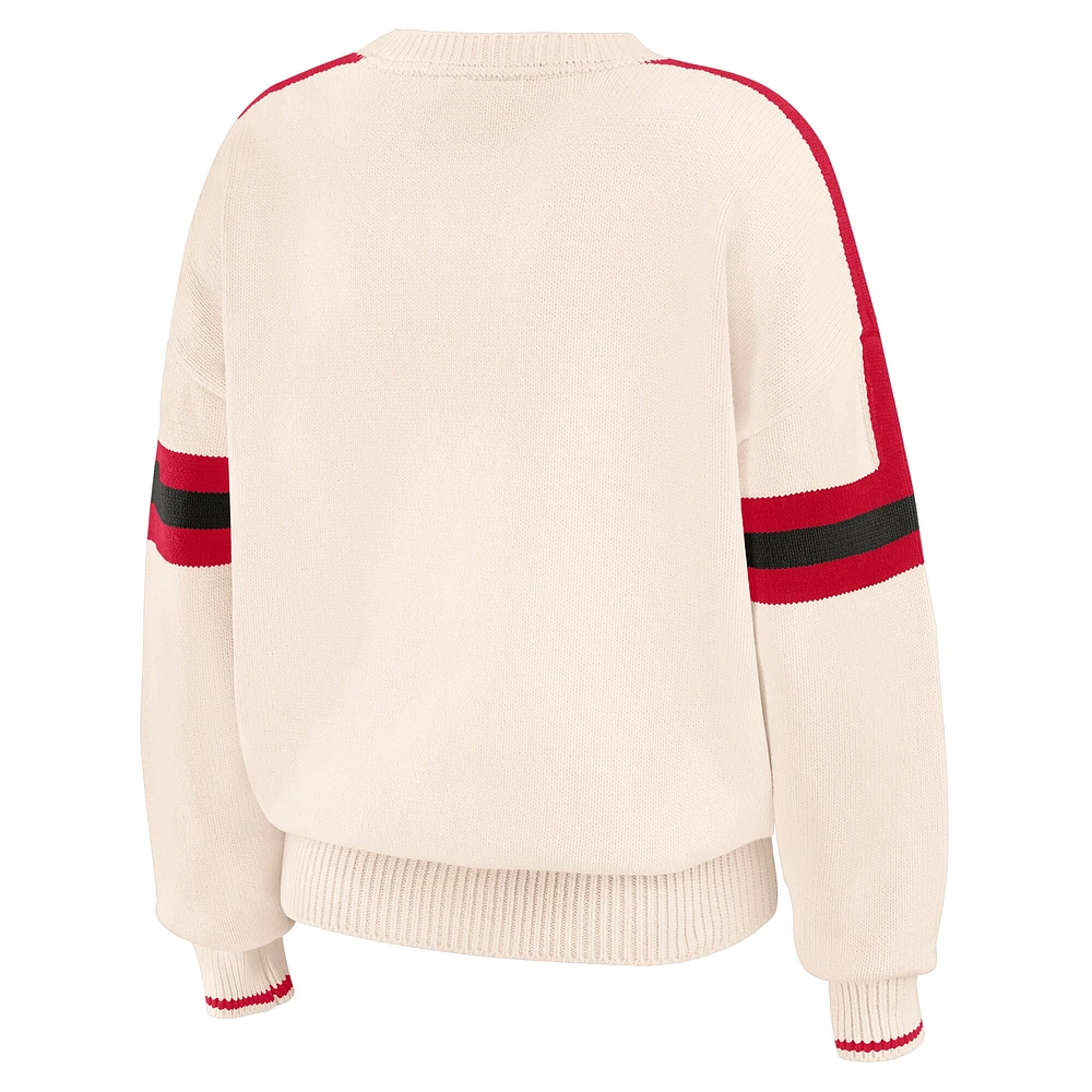 Women's WEAR by Erin Andrews  Cream Georgia Bulldogs Chenille Woven Patch Stripe Pullover Sweater