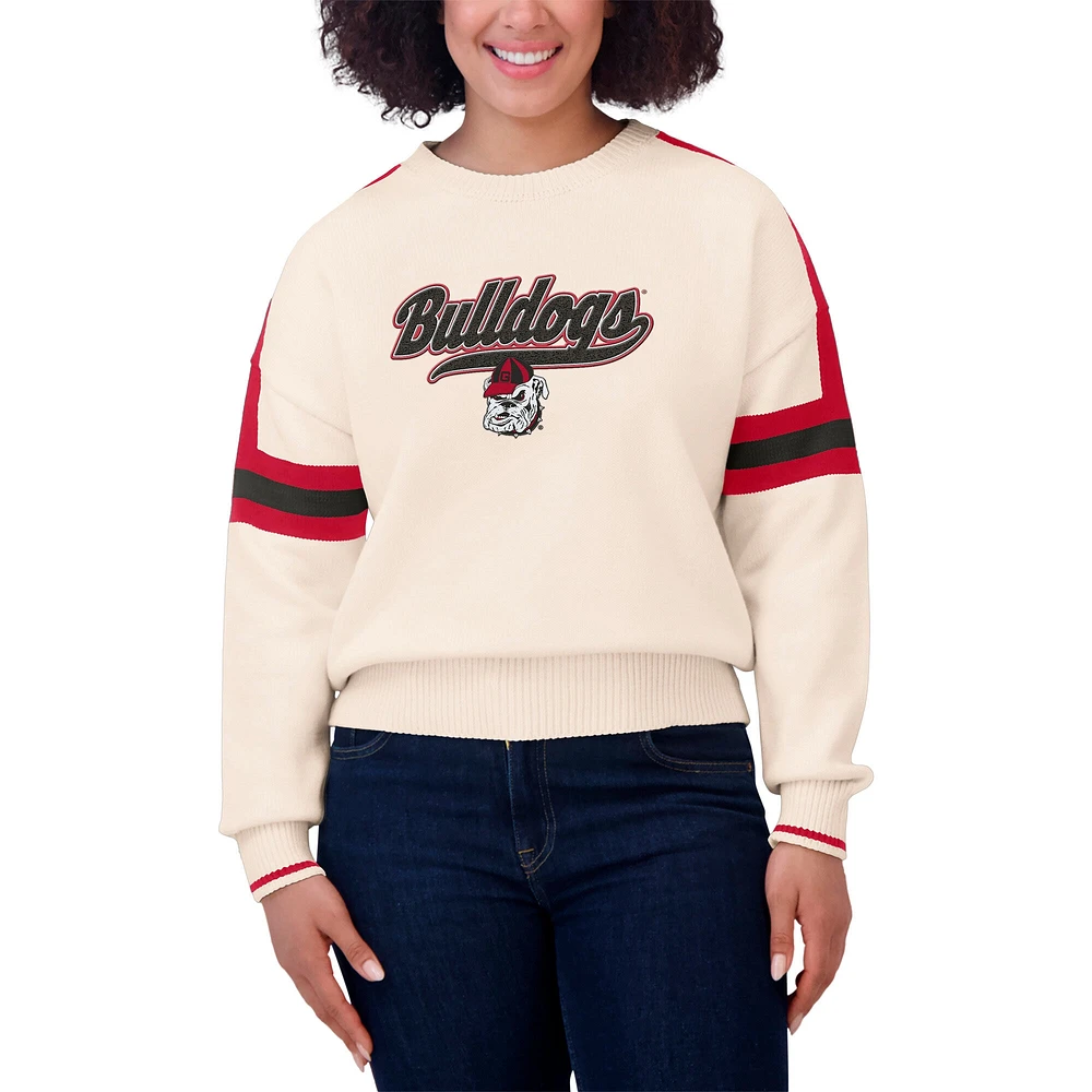 Women's WEAR by Erin Andrews  Cream Georgia Bulldogs Chenille Woven Patch Stripe Pullover Sweater