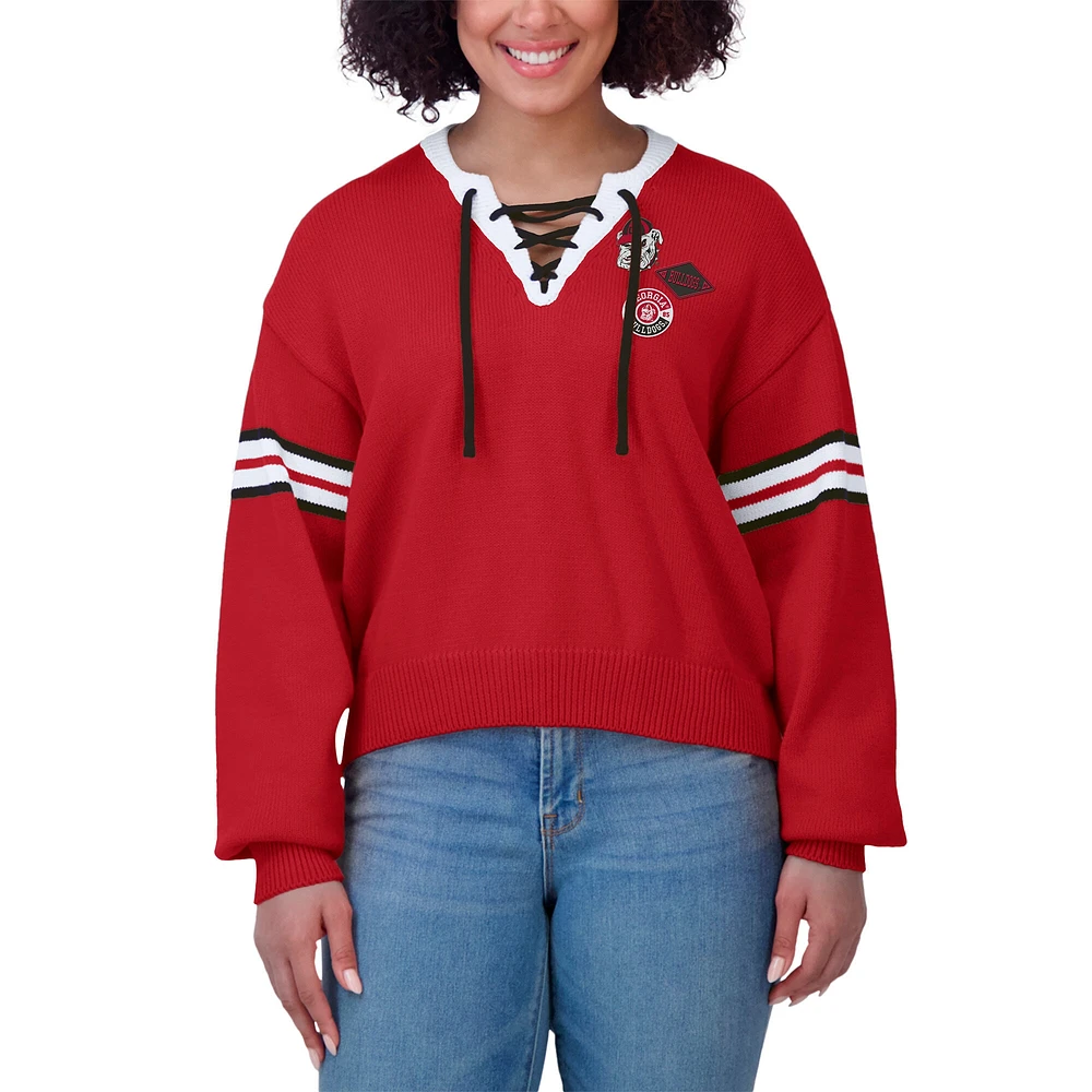 Women's WEAR by Erin Andrews Red Georgia Bulldogs Lace-Up Pullover Sweater