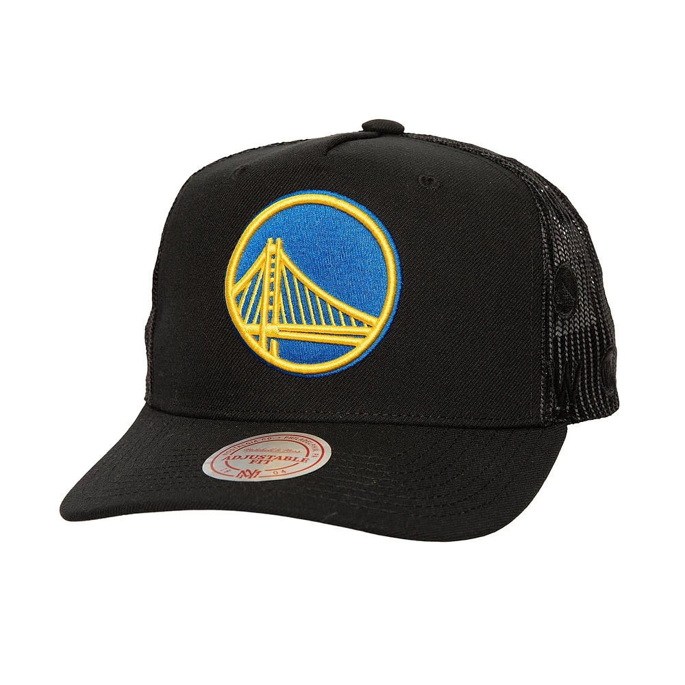 Men's Mitchell & Ness Black Golden State Warriors Monogram Allover Logo Mesh Trucker Adjustable Hat