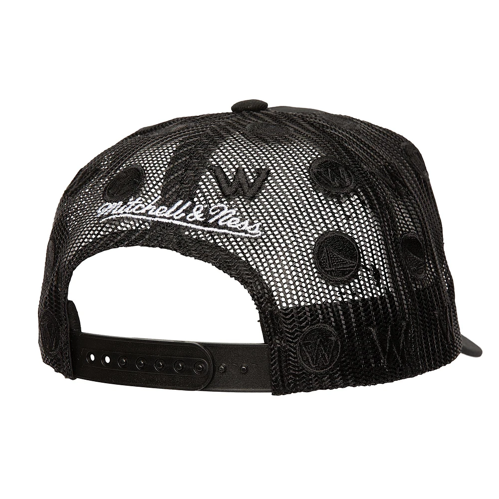 Men's Mitchell & Ness Black Golden State Warriors Monogram Allover Logo Mesh Trucker Adjustable Hat