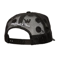 Men's Mitchell & Ness Black Golden State Warriors Monogram Allover Logo Mesh Trucker Adjustable Hat