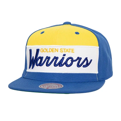 Casquette Snapback Sport Rétro Color Block Script Mitchell & Ness Blanc/Royal Golden State Warriors pour hommes