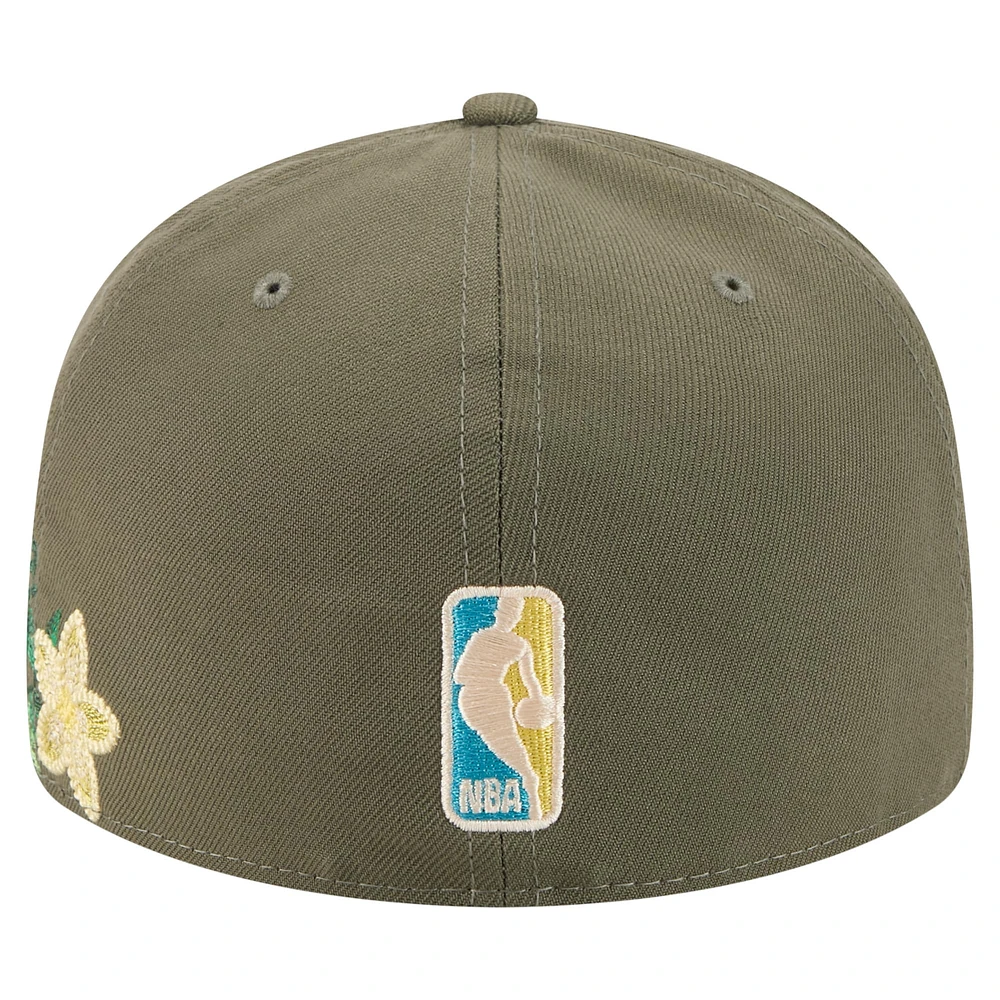 Men's New Era Olive Golden State Warriors Tonal Florals 59FIFTY Fitted Hat